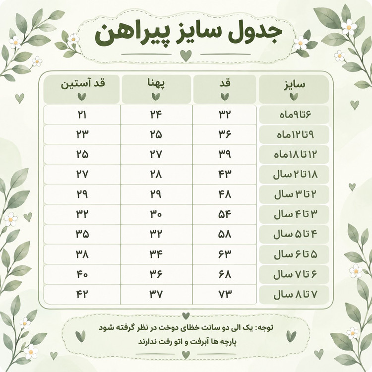 جدول اندازههای سایز سارافون دخترانه مهوا